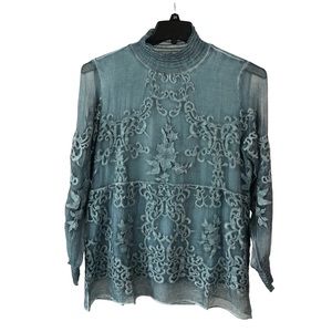 Women's Soft Surroundings Blue/Green Silk Chiffon Floral Blouse. Size Small/P